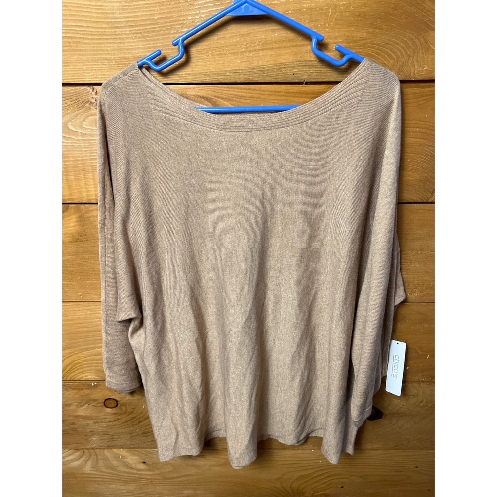 Chicos Grace Bateau Classic Camel Heather Pullover‎ Fashion Sweater Top SZ 3 NEW